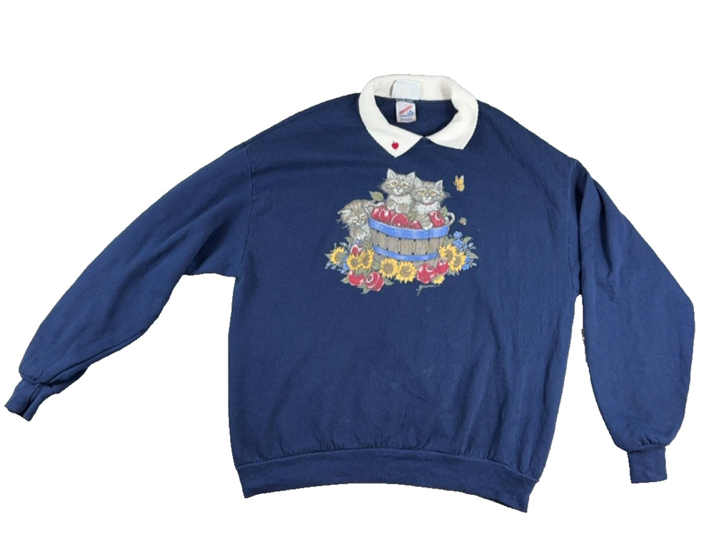 Vintage 90s Morning Sun Cat Sweatshirt XL Jerzees USA Apple Basket Collared